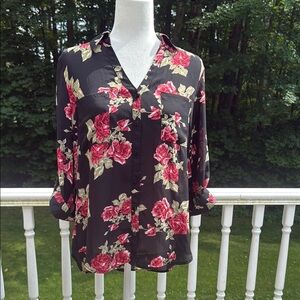 Byer California by IZ Byer Red Rose Relaxed Blouse with roll tab sleeves